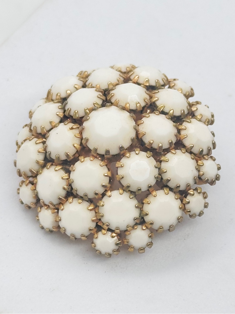 Vintage Milk Glass Domed Cluster Brooch Pin Faceted Prong Set Gold Tone